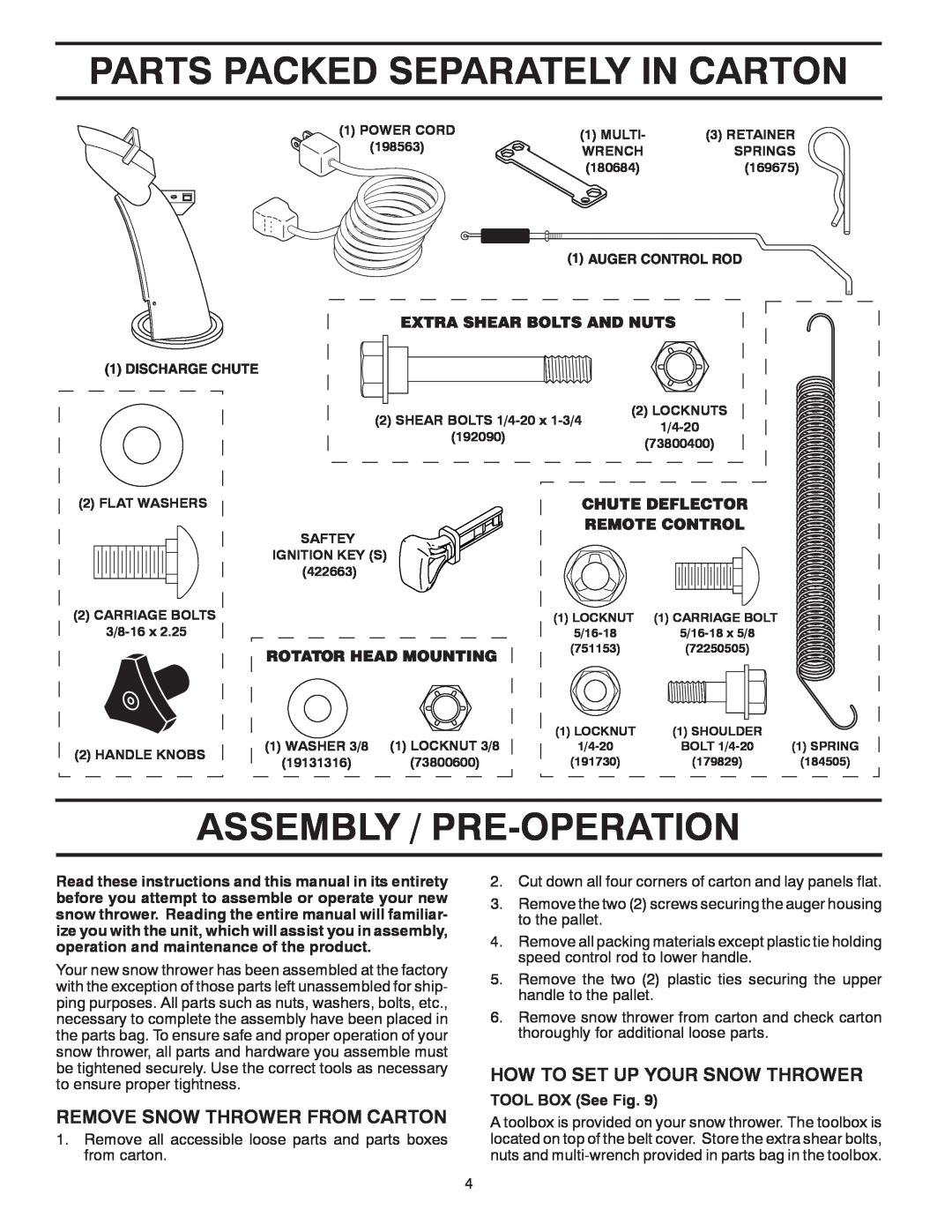Poulan 435551 owner manual Parts Packed Separately In Carton, Assembly / Pre-Operation, Remove Snow Thrower From Carton 