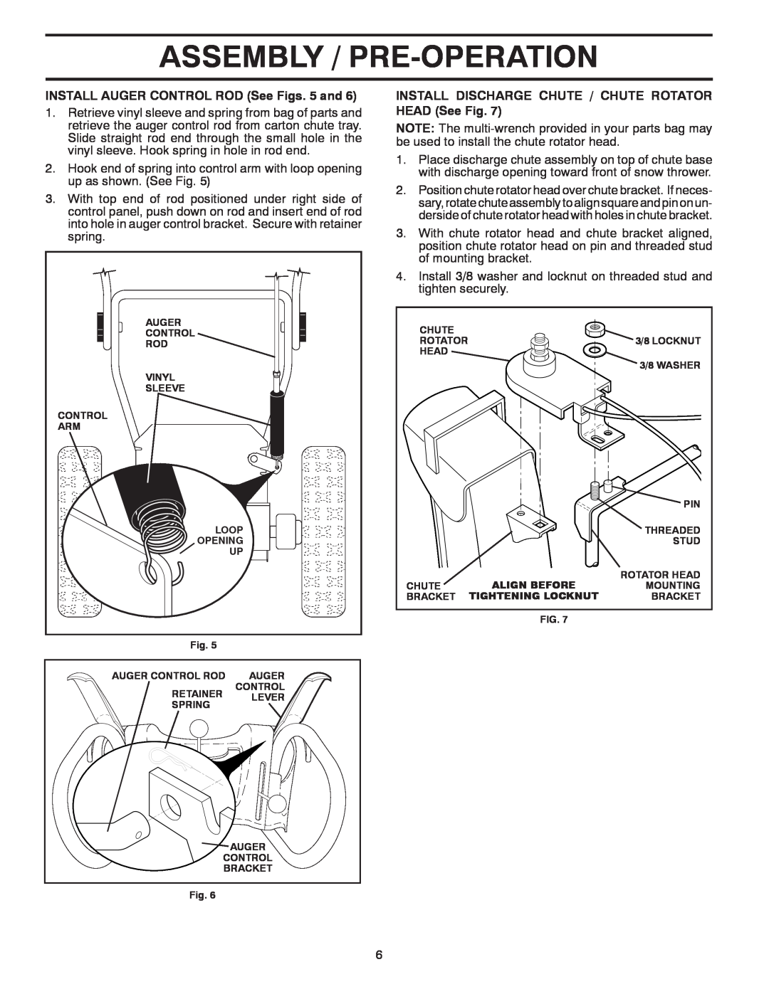 Poulan 435551 Assembly / Pre-Operation, INSTALL AUGER CONTROL ROD See Figs. 5 and, Align Before, Tightening Locknut 