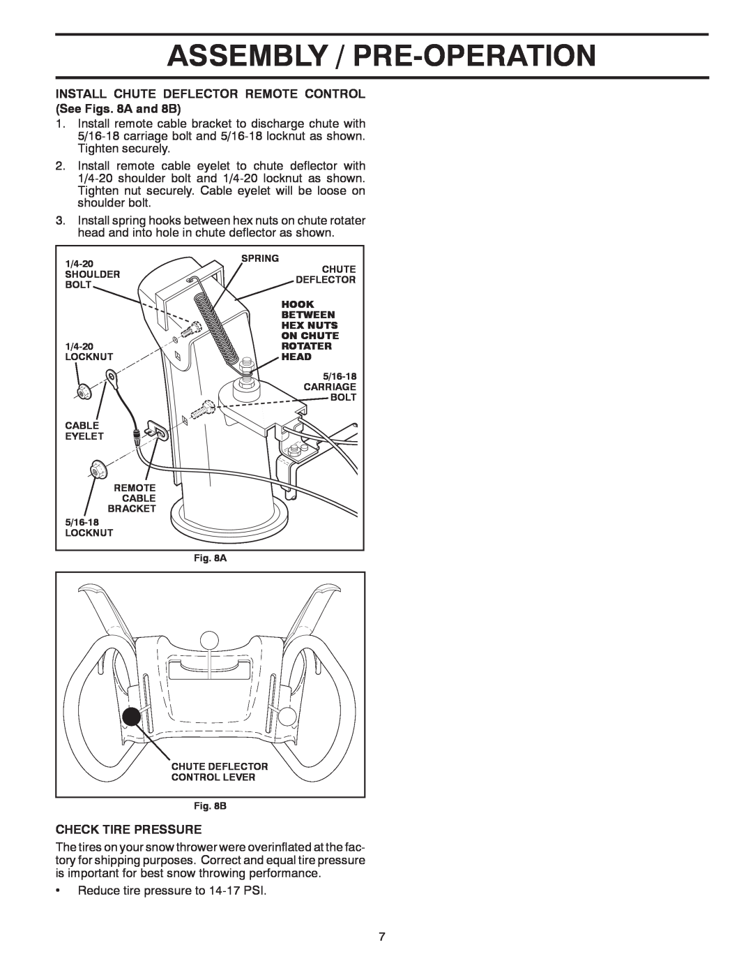 Poulan 435551 Assembly / Pre-Operation, INSTALL CHUTE DEFLECTOR REMOTE CONTROL See Figs. 8A and 8B, Check Tire Pressure 