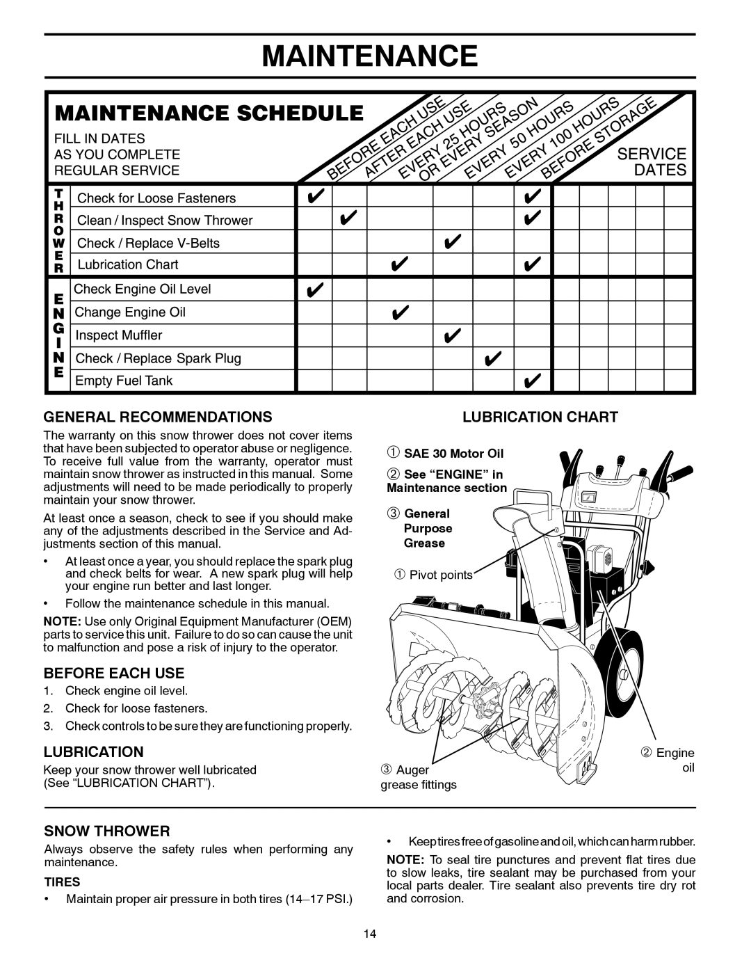 Poulan 435551 owner manual Maintenance, General Recommendations, Before Each USE, Lubrication, Snow Thrower 