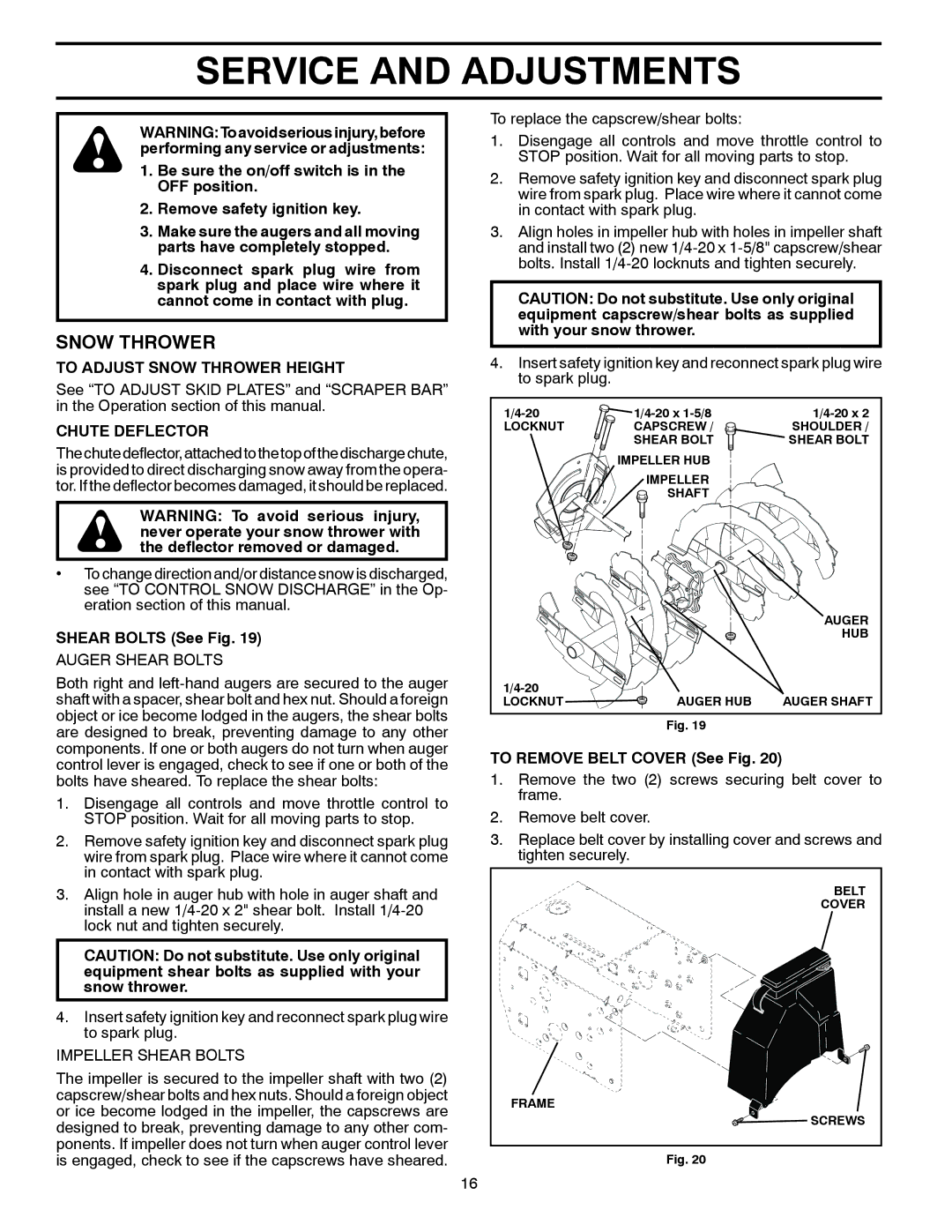 Poulan 435551 owner manual Service and Adjustments, To Adjust Snow Thrower Height, Chute Deflector, Shear Bolts See Fig 