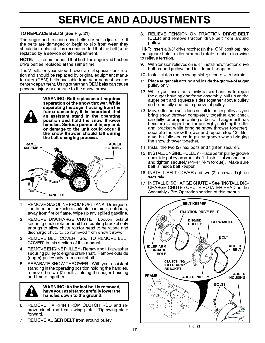 Poulan 435551 owner manual To Replace Belts See Fig 