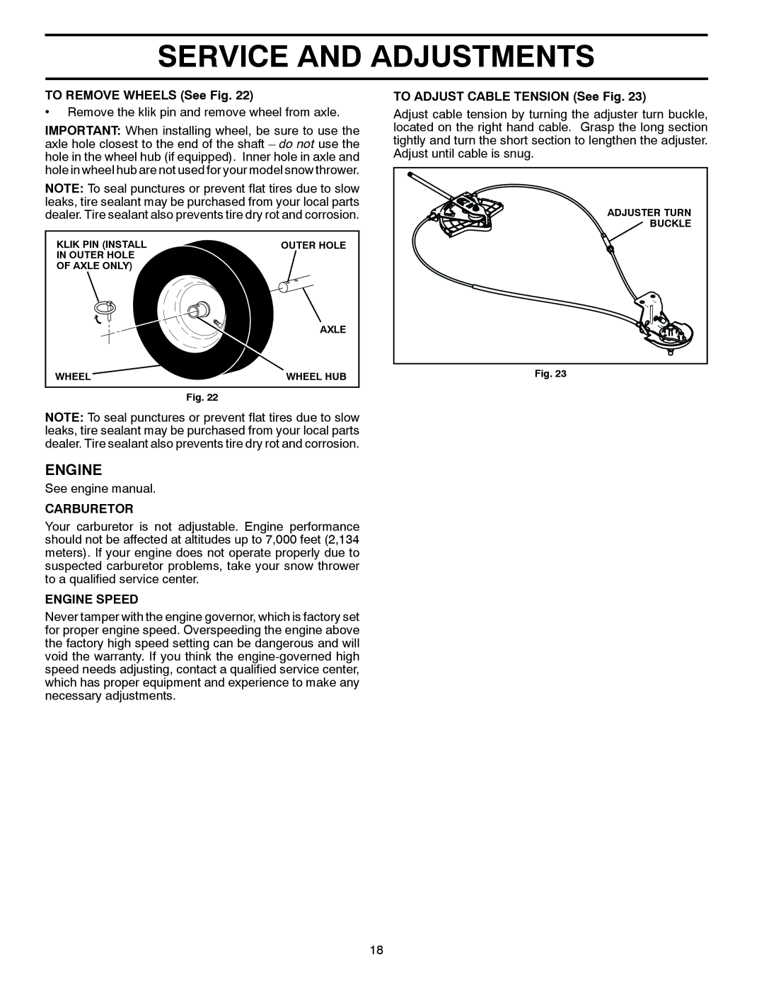 Poulan 435551 owner manual To Remove Wheels See Fig, Carburetor, Engine Speed, To Adjust Cable Tension See Fig 