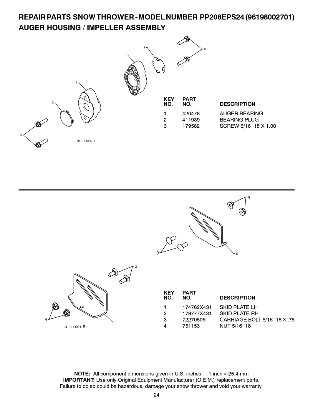 Poulan 435551 owner manual Auger Bearing, Bearing Plug, Skid Plate LH, Skid Plate RH 