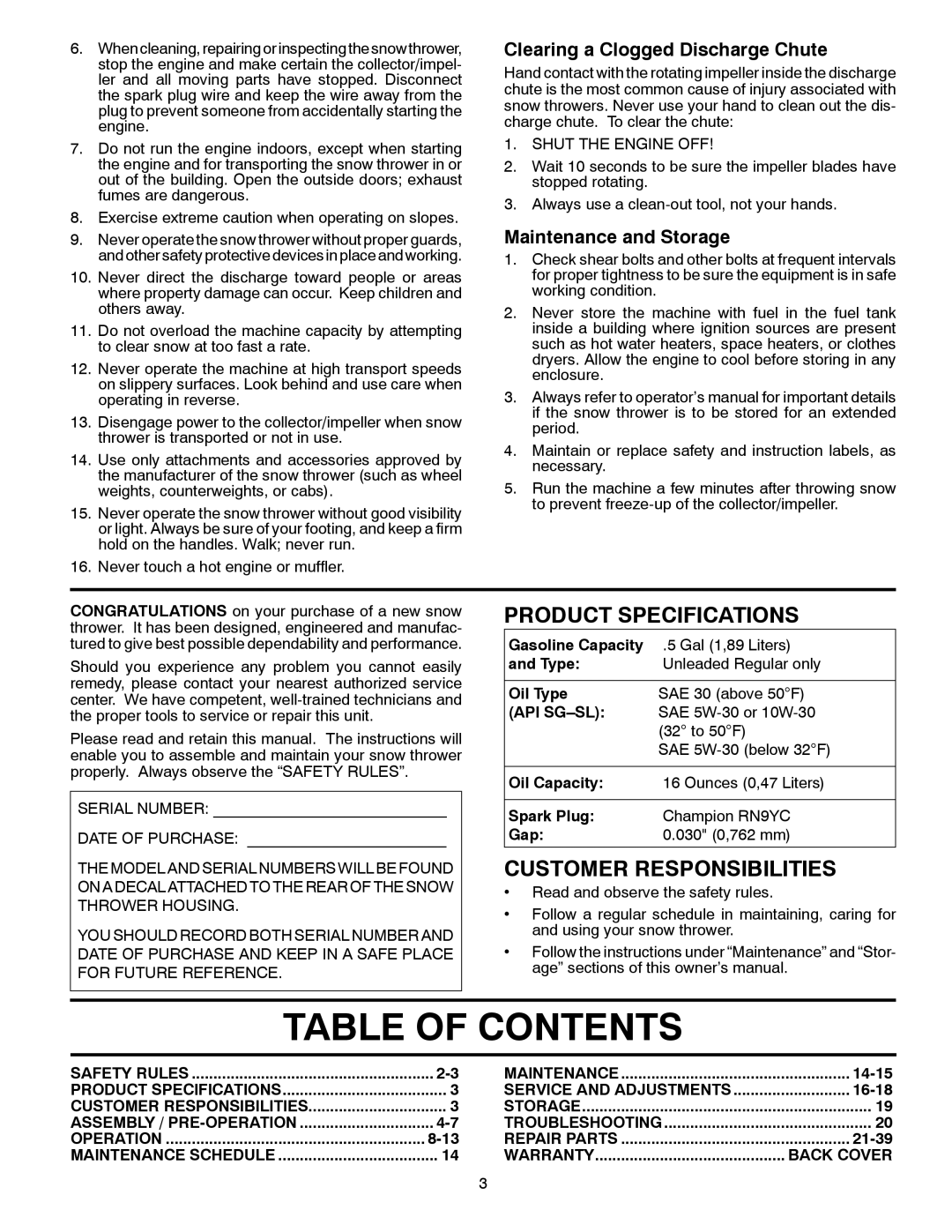 Poulan 435551 owner manual Table of Contents 