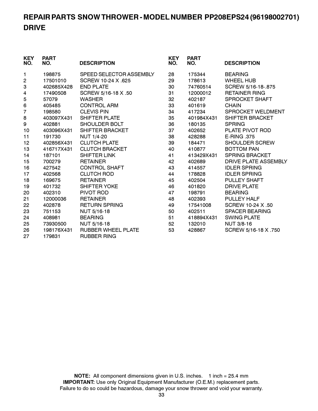 Poulan 435551 Speed Selector Assembly, Wheel HUB, END Plate, Retainer Ring, Sprocket Shaft, Control ARM, Chain, Clevis PIN 