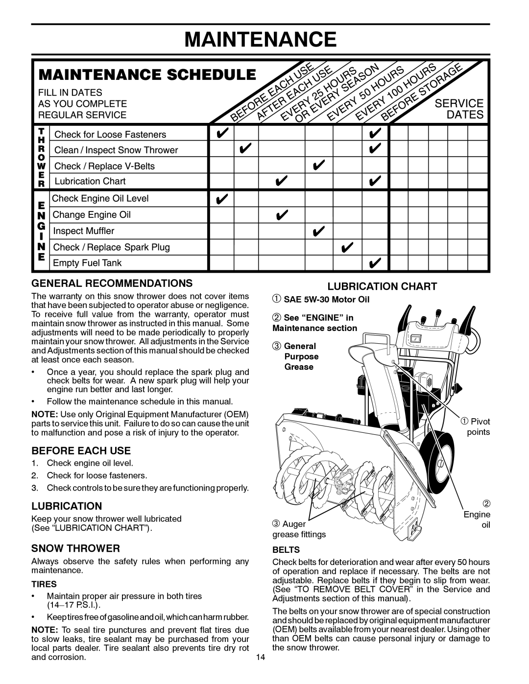 Poulan 435555 Maintenance, General Recommendations, Before Each Use, Lubrication Chart, Snow Thrower, Purpose Grease 