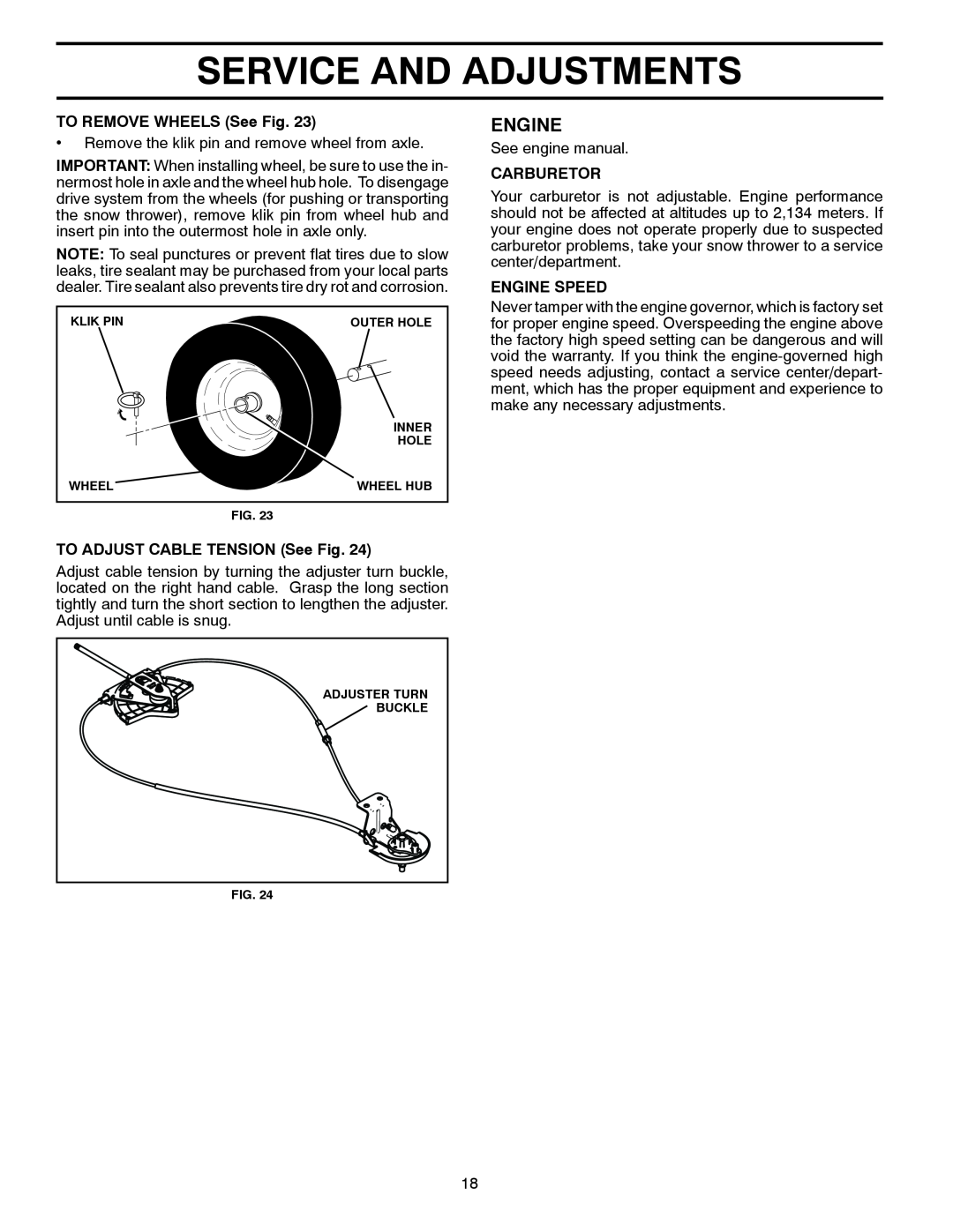 Poulan 435555 Service And Adjustments, Engine, TO REMOVE WHEELS See Fig, TO ADJUST CABLE TENSION See Fig, Carburetor 