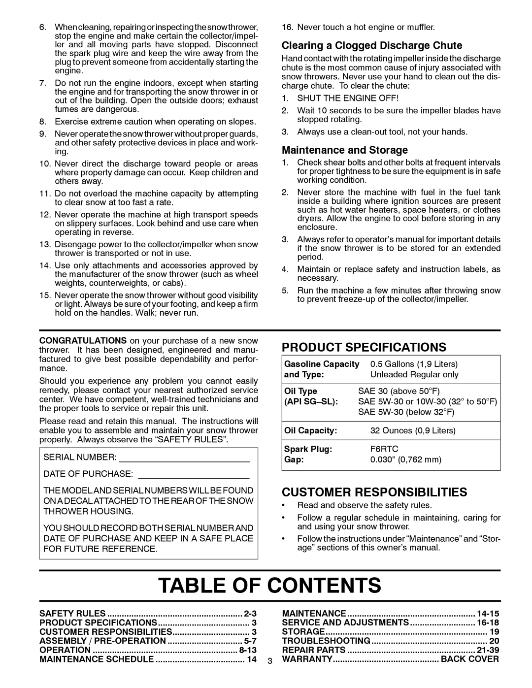 Poulan 96198003001 Table Of Contents, Product Specifications, Customer Responsibilities, Maintenance and Storage, Oil Type 
