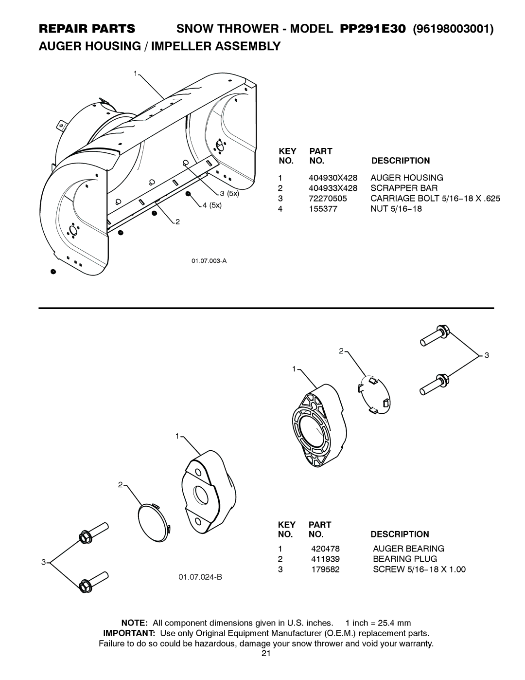 Poulan 96198003001, 435555 owner manual KEY Part Description, Auger Housing, Scrapper BAR, Auger Bearing, Bearing Plug 