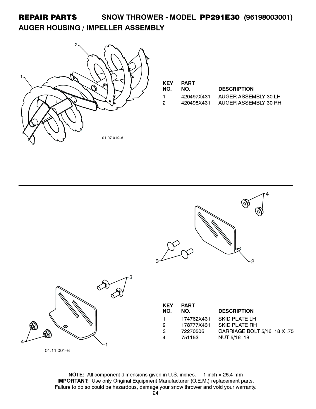 Poulan 435555, 96198003001 owner manual Auger Assembly 30 LH, Auger Assembly 30 RH, Skid Plate LH, Skid Plate RH 