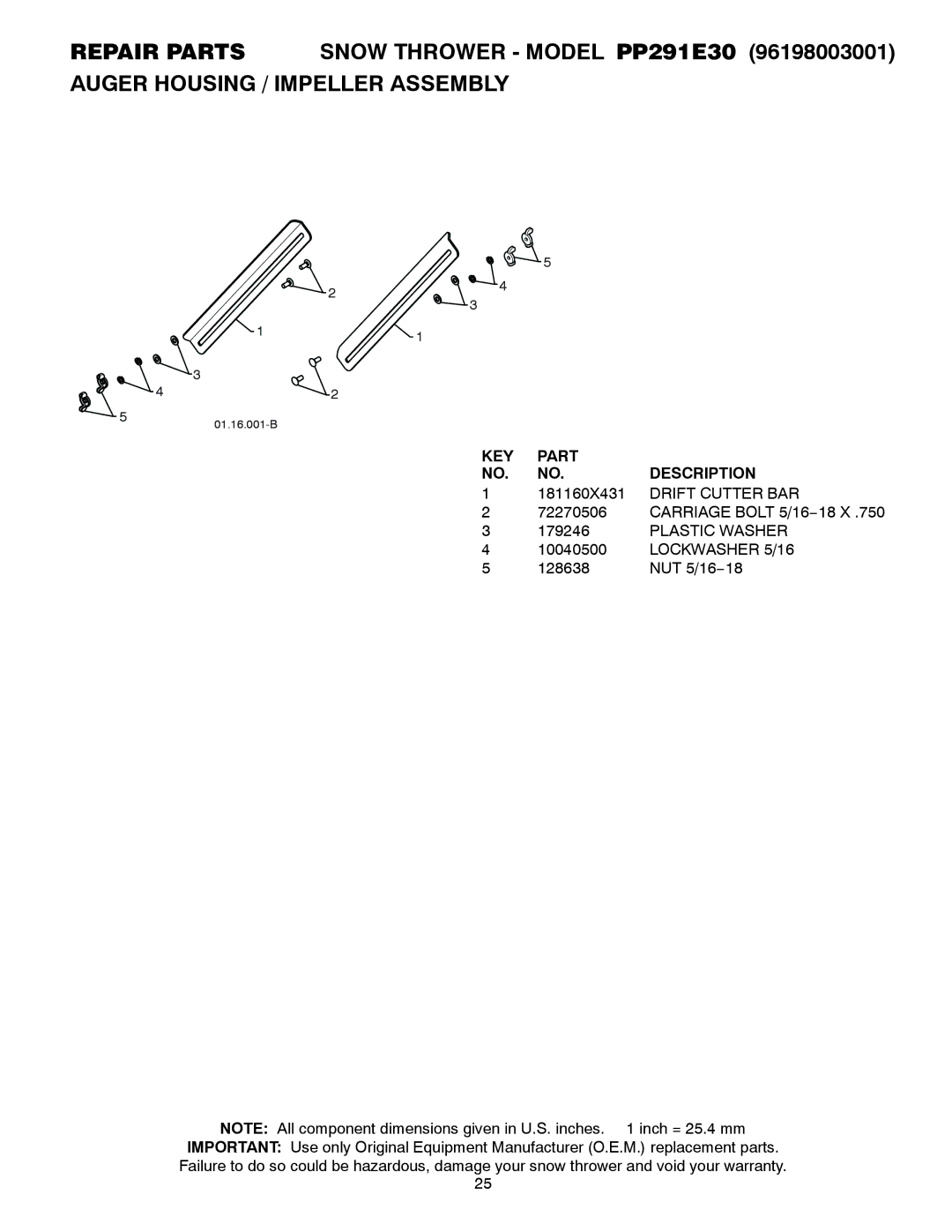 Poulan 96198003001, 435555 owner manual 181160X431 Drift Cutter BAR, Plastic Washer 