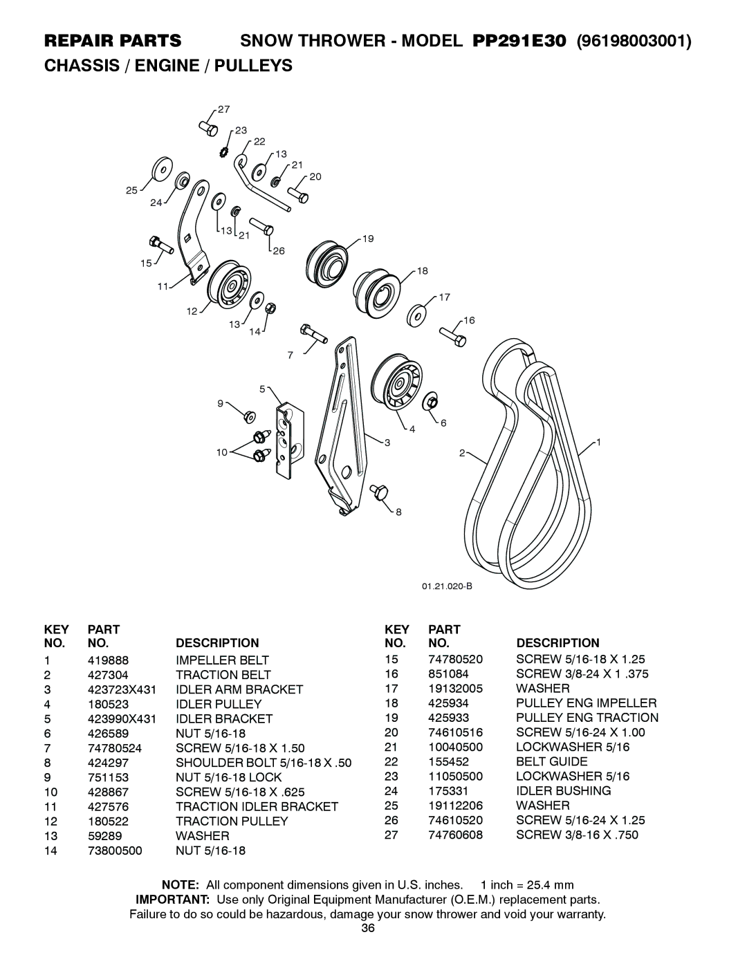 Poulan 435555, 96198003001 Impeller Belt, Traction Belt, Idler ARM Bracket, Idler Pulley, Idler Bracket, Belt Guide 