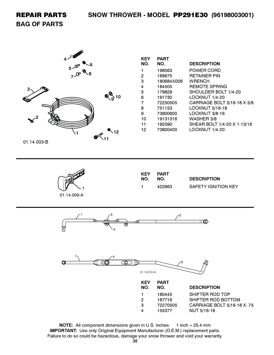 Poulan 435555, 96198003001 owner manual Repair Parts Snow Thrower Model PP291E30 BAG of Parts, 422663, Safety Ignition KEY 