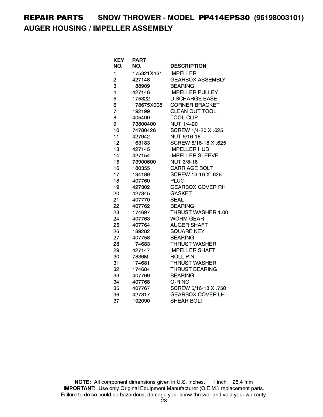 Poulan 96198003101, 435557 owner manual KEY Part Description 