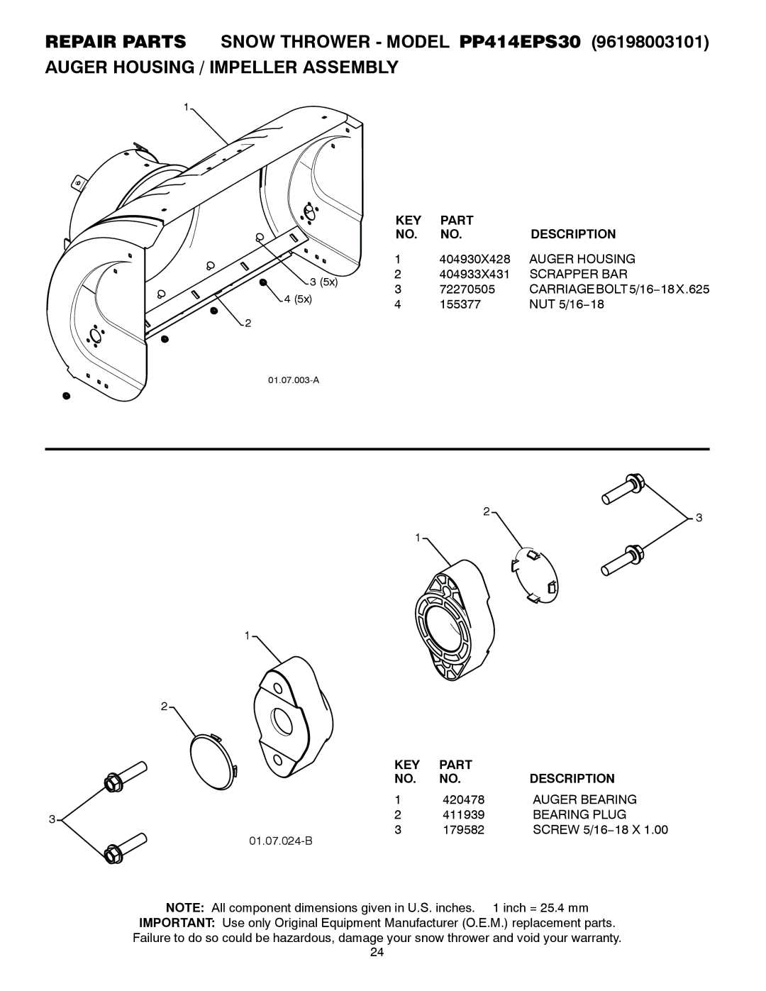 Poulan 435557, 96198003101 owner manual Auger Housing, Scrapper BAR, CARRIAGEBOLT5/16−18X.625, Auger Bearing, Bearing Plug 