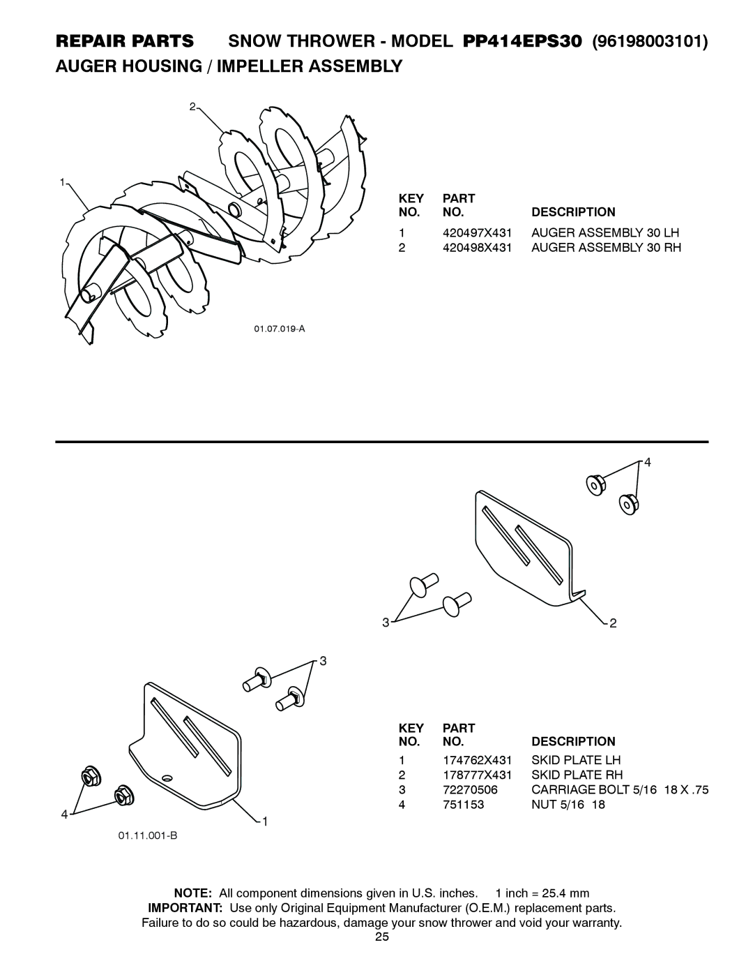 Poulan 96198003101, 435557 owner manual Auger Assembly 30 LH, Auger Assembly 30 RH, Skid Plate LH, Skid Plate RH 