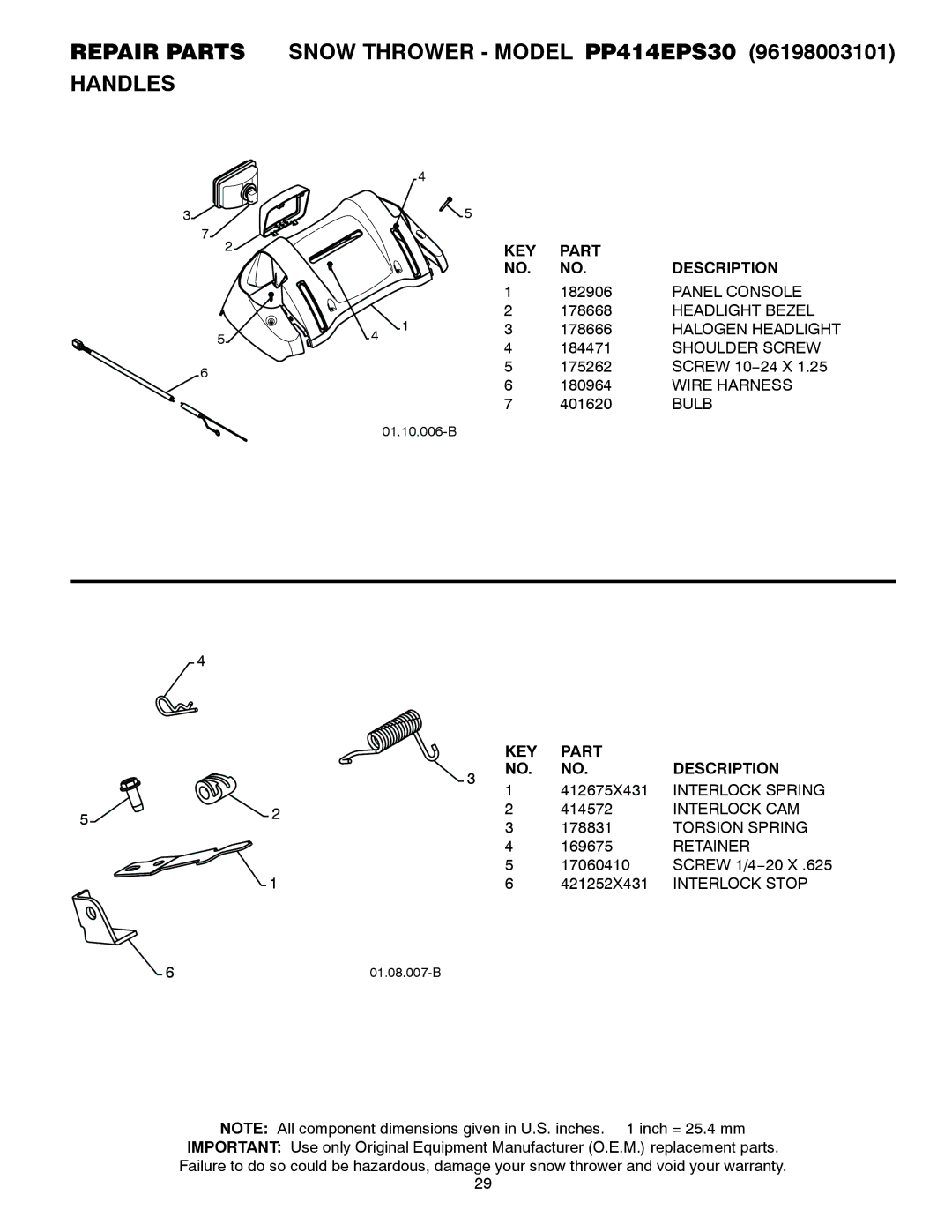 Poulan 96198003101, 435557 owner manual Repair Parts Snow Thrower Model PP414EPS30 Handles 