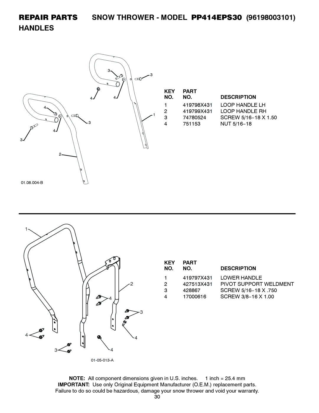 Poulan 435557, 96198003101 owner manual Loop Handle LH, Loop Handle RH, Lower Handle, Pivot Support Weldment 