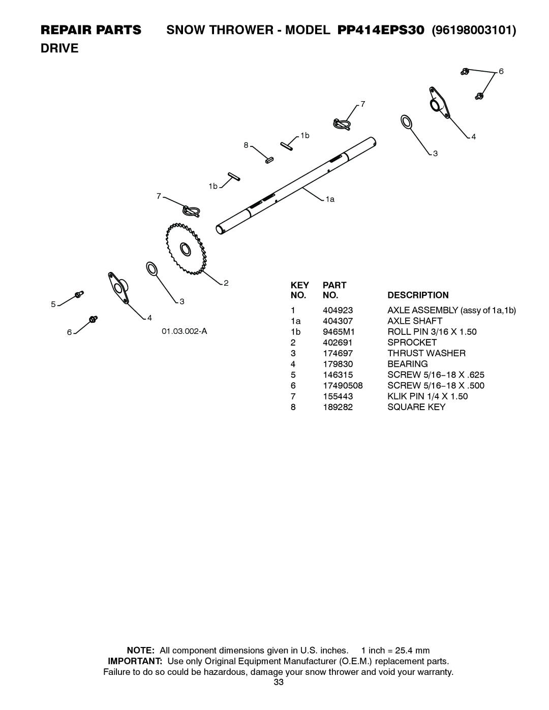 Poulan 96198003101, 435557 owner manual Repair Parts Snow Thrower Model PP414EPS30 Drive, Axle Shaft, Sprocket 