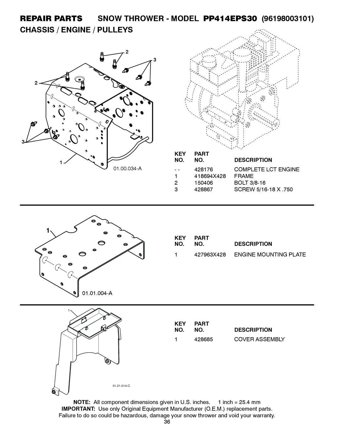 Poulan 435557, 96198003101 owner manual Complete LCT Engine, Frame, 427963X428, Engine Mounting Plate, 428685 