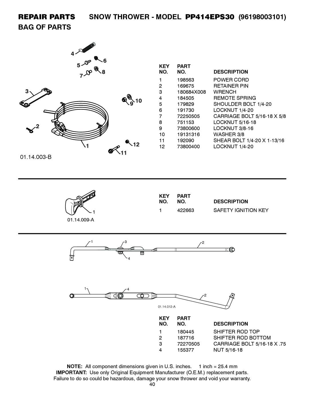 Poulan 435557, 96198003101 owner manual Repair Parts Snow Thrower Model PP414EPS30 BAG of Parts, 422663, Safety Ignition KEY 