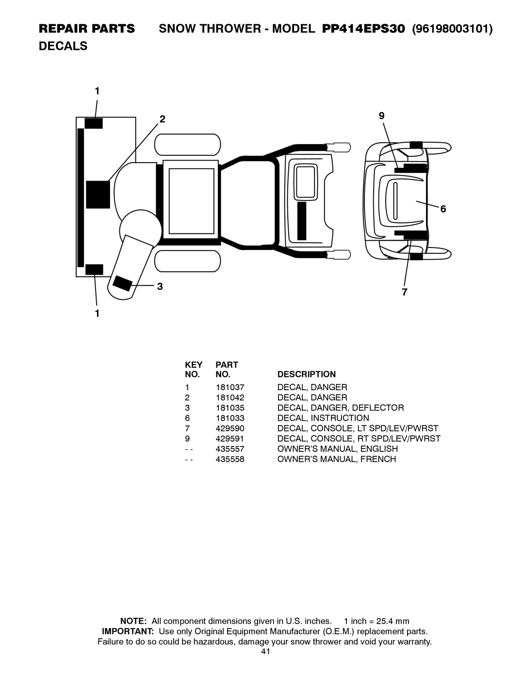 Poulan 96198003101, 435557 owner manual Repair Parts Snow Thrower Model PP414EPS30 Decals 