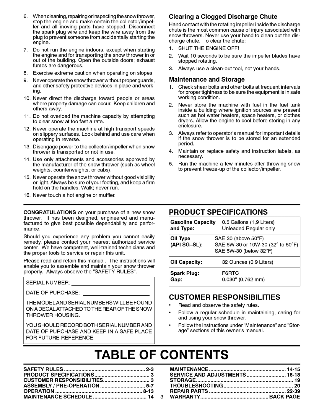 Poulan 435560 Table Of Contents, Product Specifications, Customer Responsibilities, Clearing a Clogged Discharge Chute 