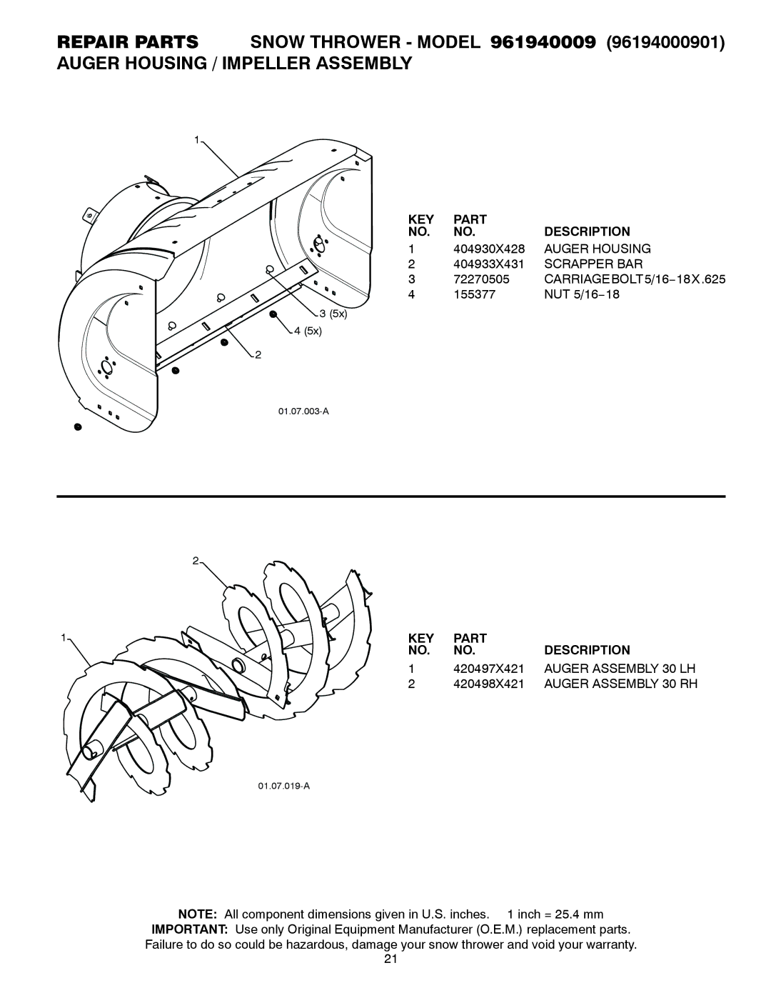 Poulan 435560, 96194000901 owner manual KEY Part Description 