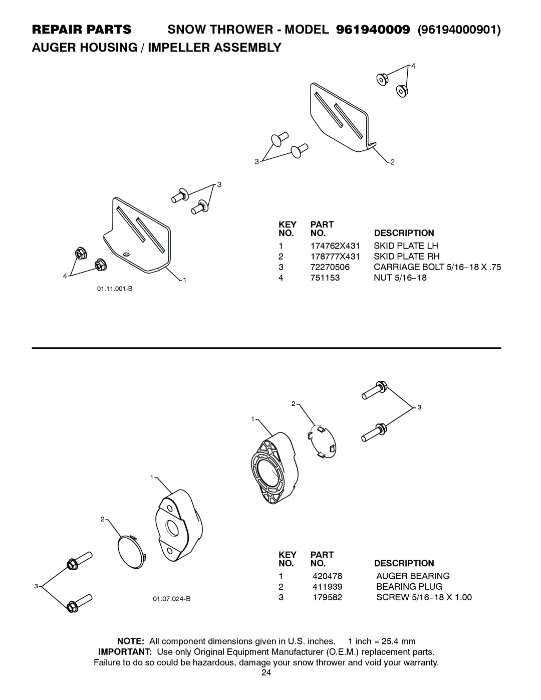 Poulan 435560, 96194000901 owner manual Skid Plate LH, Skid Plate RH, Auger Bearing, Bearing Plug 