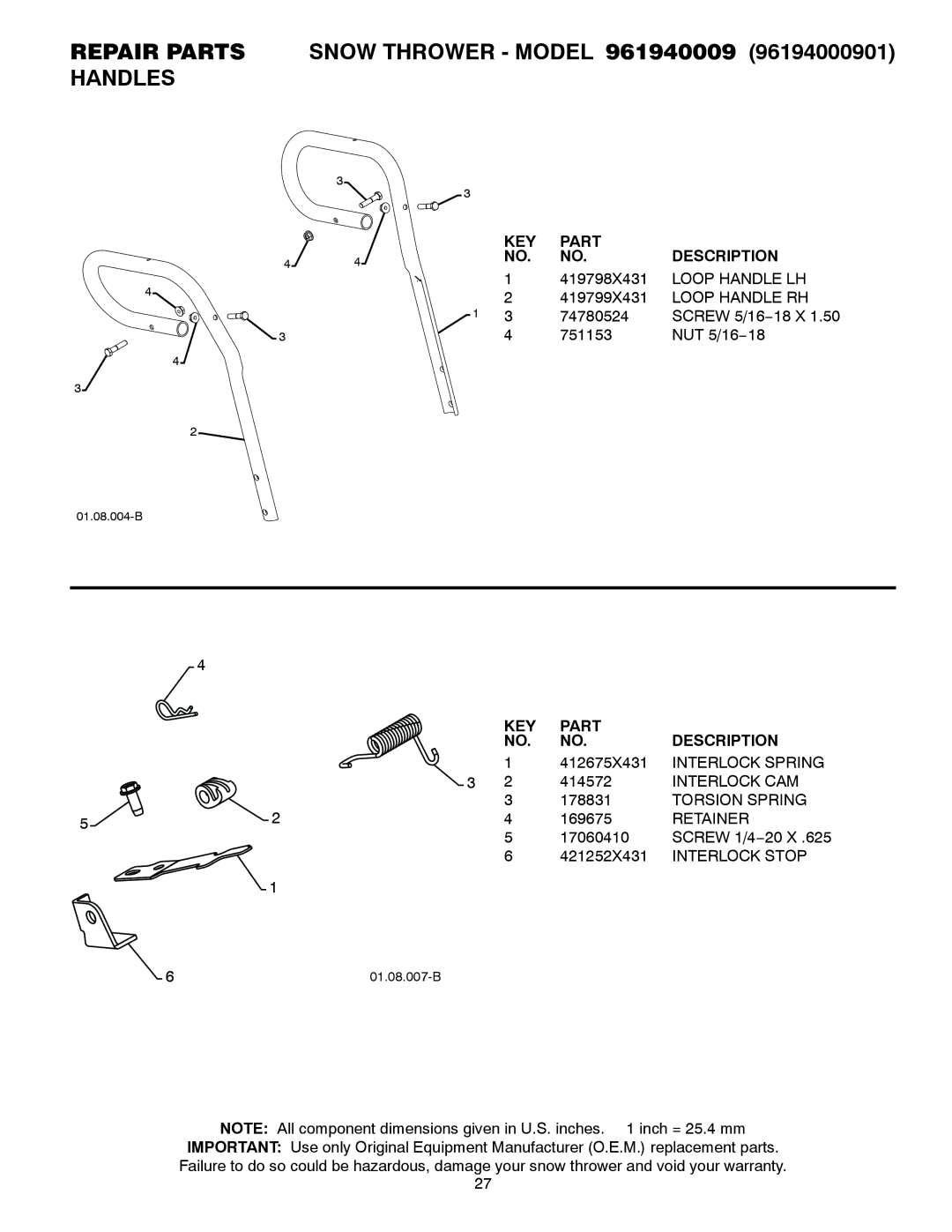 Poulan 435560 Loop Handle LH, Loop Handle RH, Interlock Spring, Interlock CAM, Torsion Spring, Retainer, Interlock Stop 