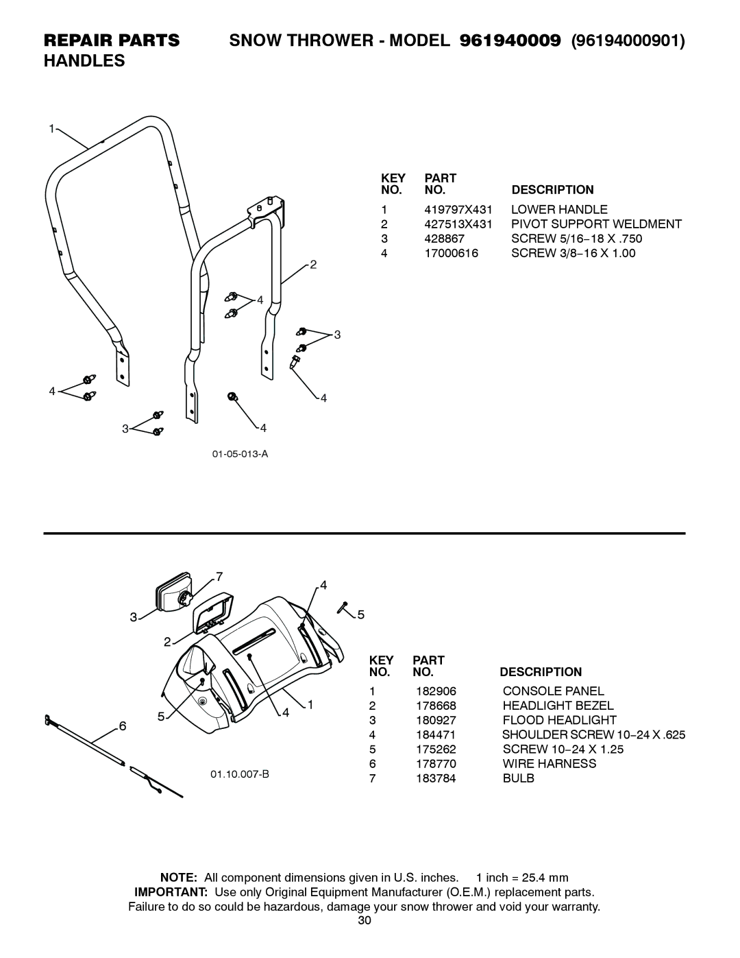 Poulan 435560 Lower Handle, Pivot Support Weldment, Console Panel, Headlight Bezel, Flood Headlight, Wire Harness, Bulb 