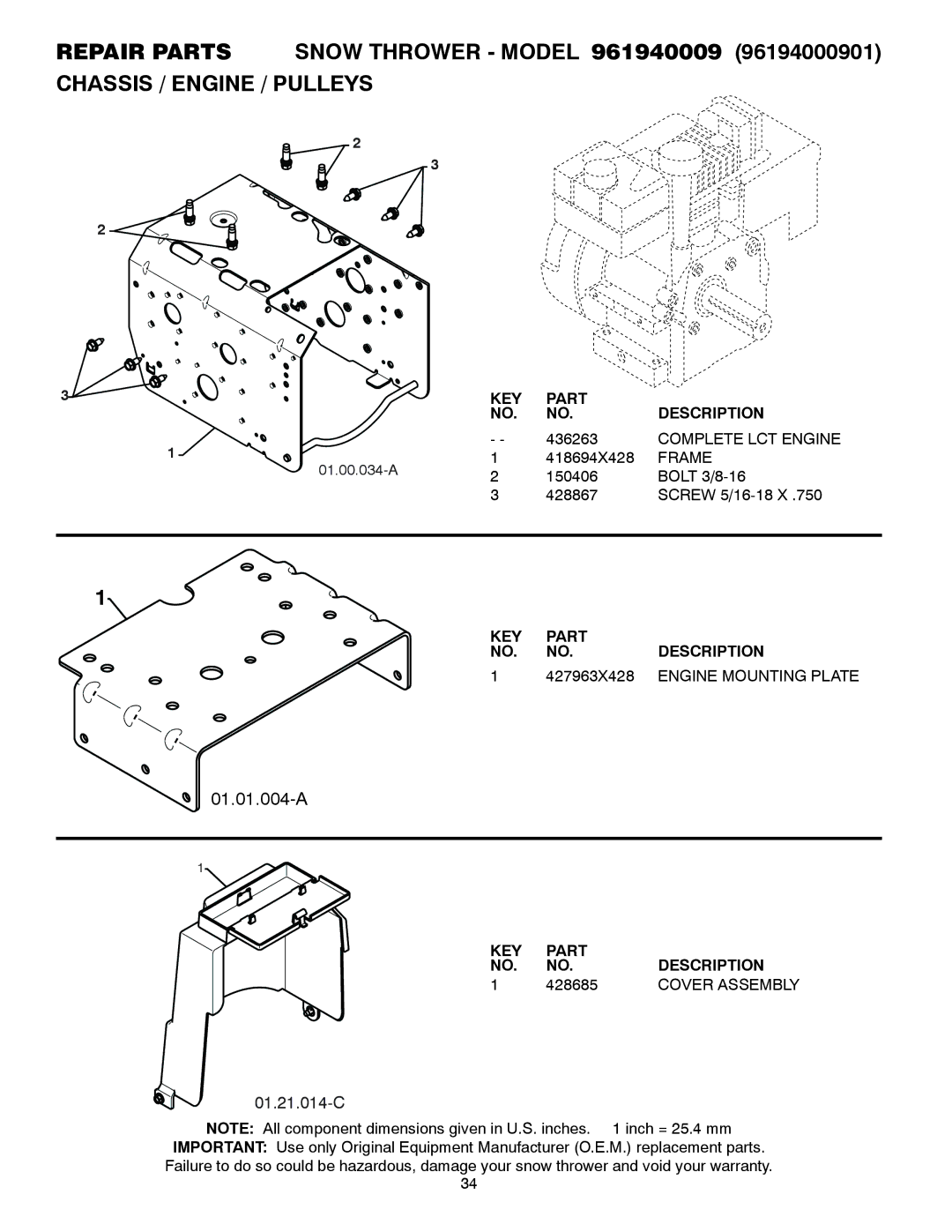 Poulan 435560, 96194000901 owner manual Complete LCT Engine, Frame, 427963X428, Engine Mounting Plate, 428685 