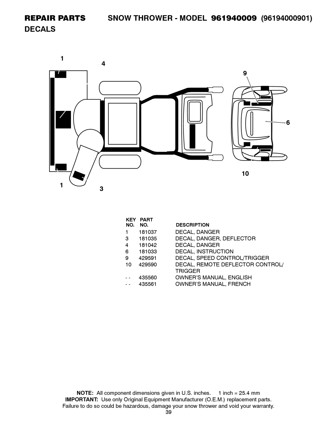 Poulan 435560, 96194000901 owner manual 181037, DECAL, Danger, DECAL, DANGER, Deflector, DECAL, Instruction 