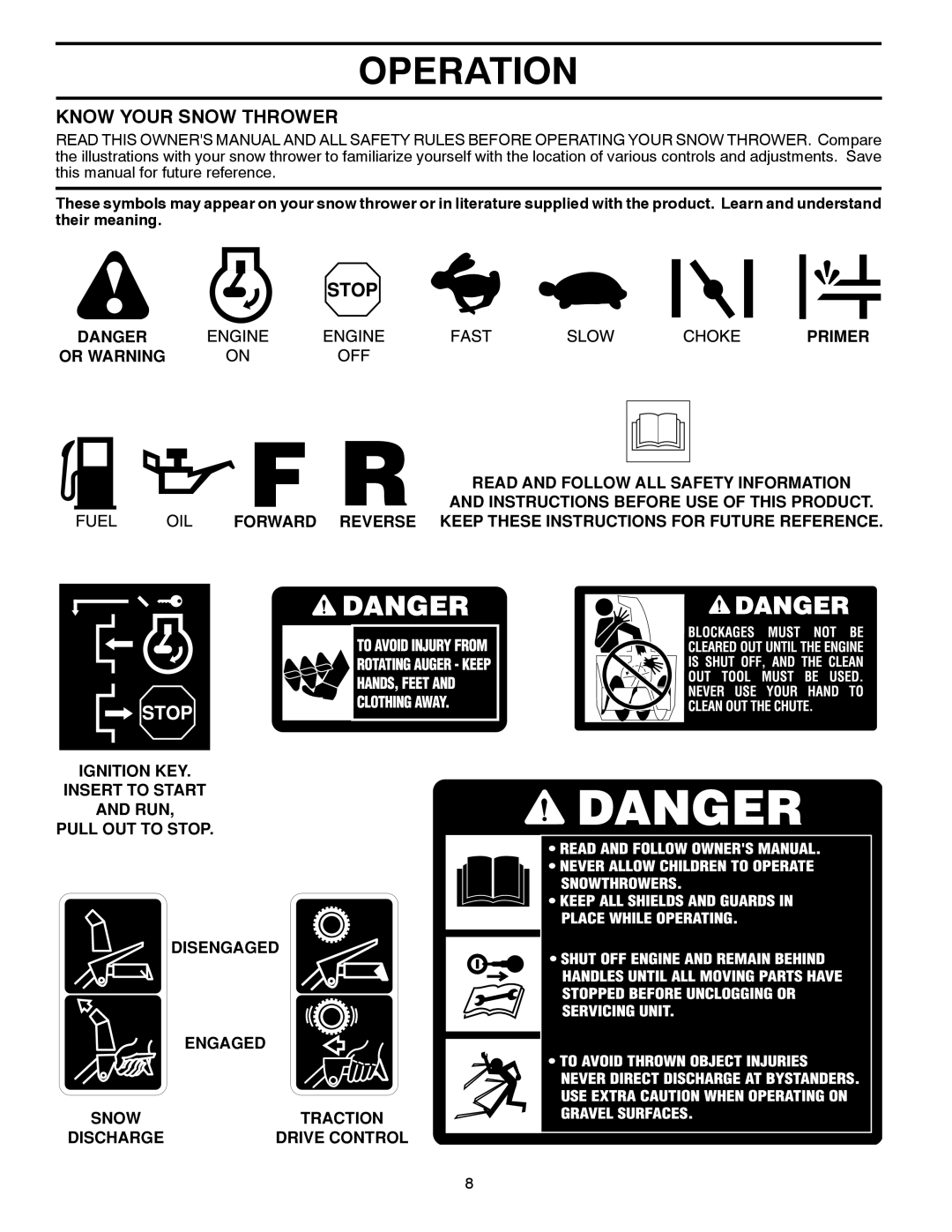 Poulan 96194000901, 435560 owner manual Operation, Know Your Snow Thrower, Primer, Ignition KEY, Pull OUT to Stop 