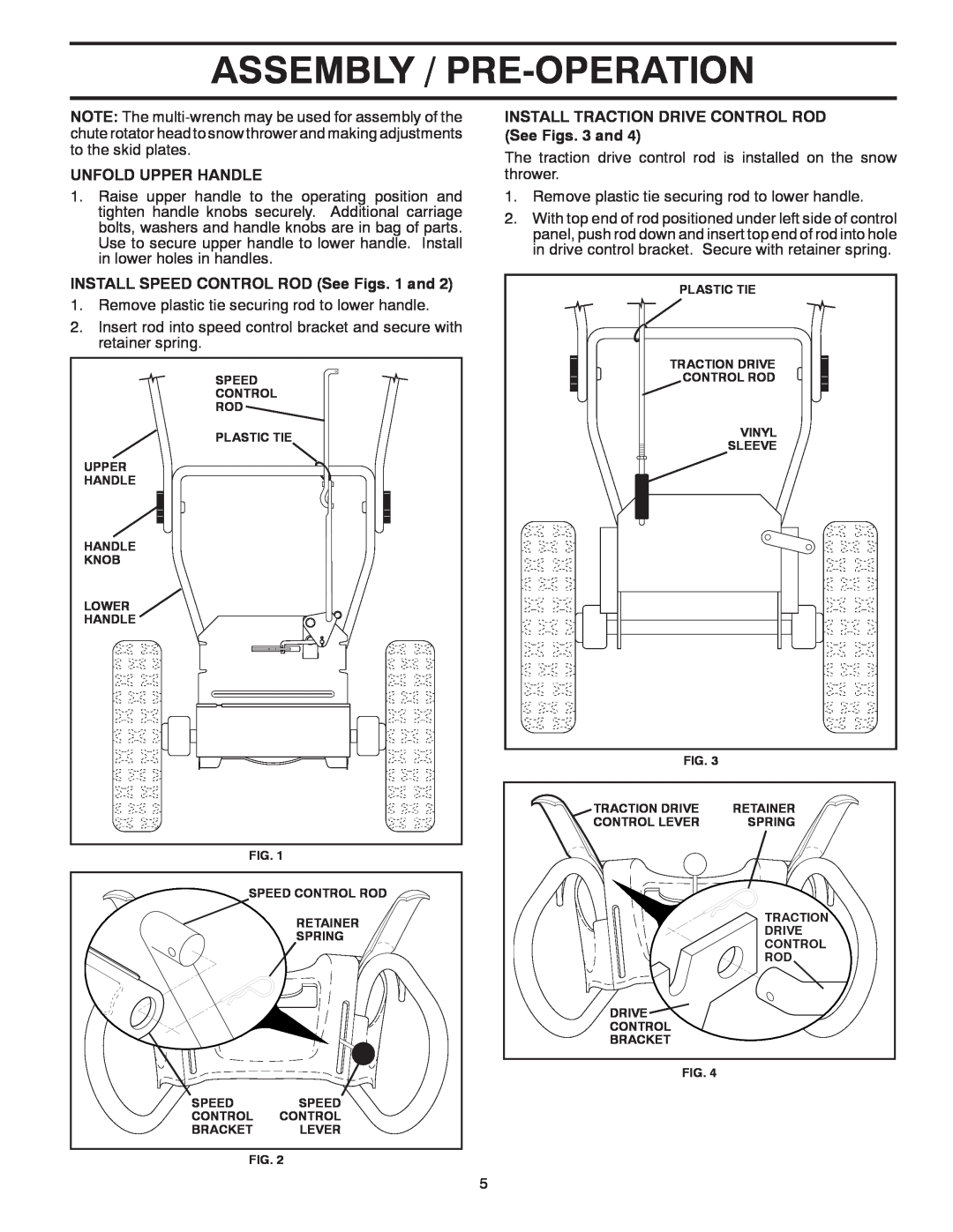 Poulan 96198002603 Assembly / Pre-Operation, Unfold Upper Handle, INSTALL SPEED CONTROL ROD See Figs. 1 and, Plastic Tie 