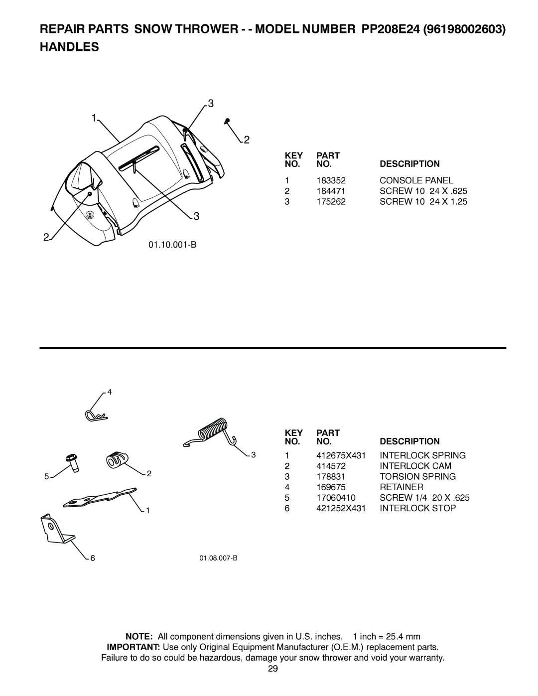 Poulan 96198002603, 435562 owner manual Console Panel, Interlock Spring, Interlock CAM, Torsion Spring, Interlock Stop 