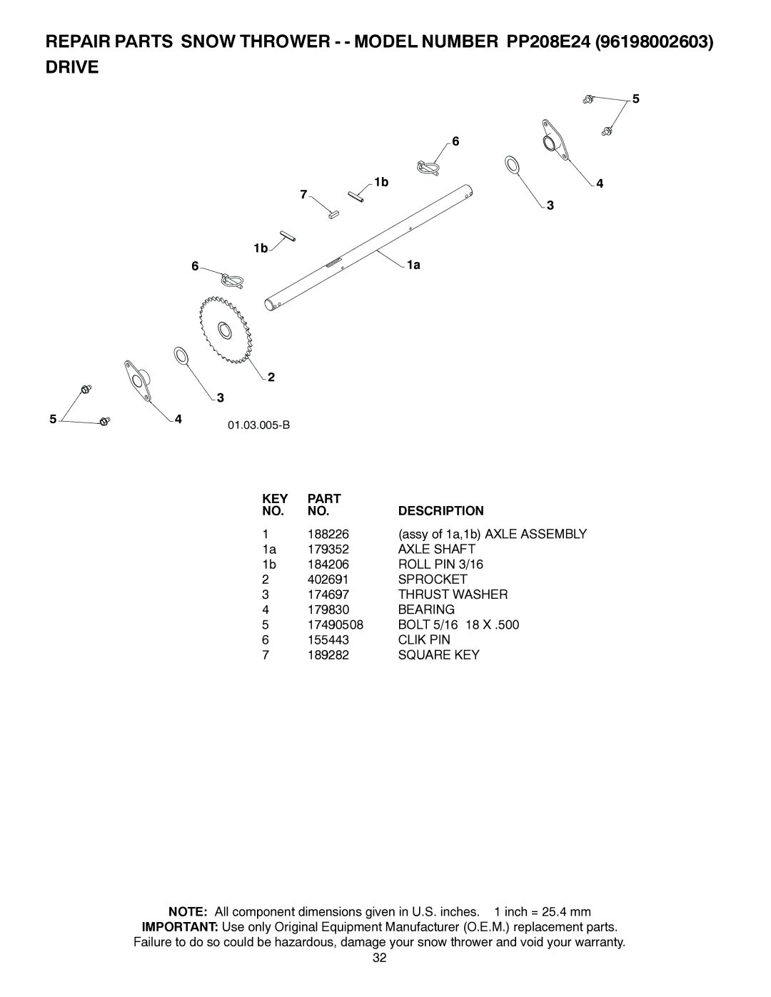 Poulan 435562, 96198002603 owner manual Axle Shaft, Roll PIN 3/16, Sprocket, Clik PIN 