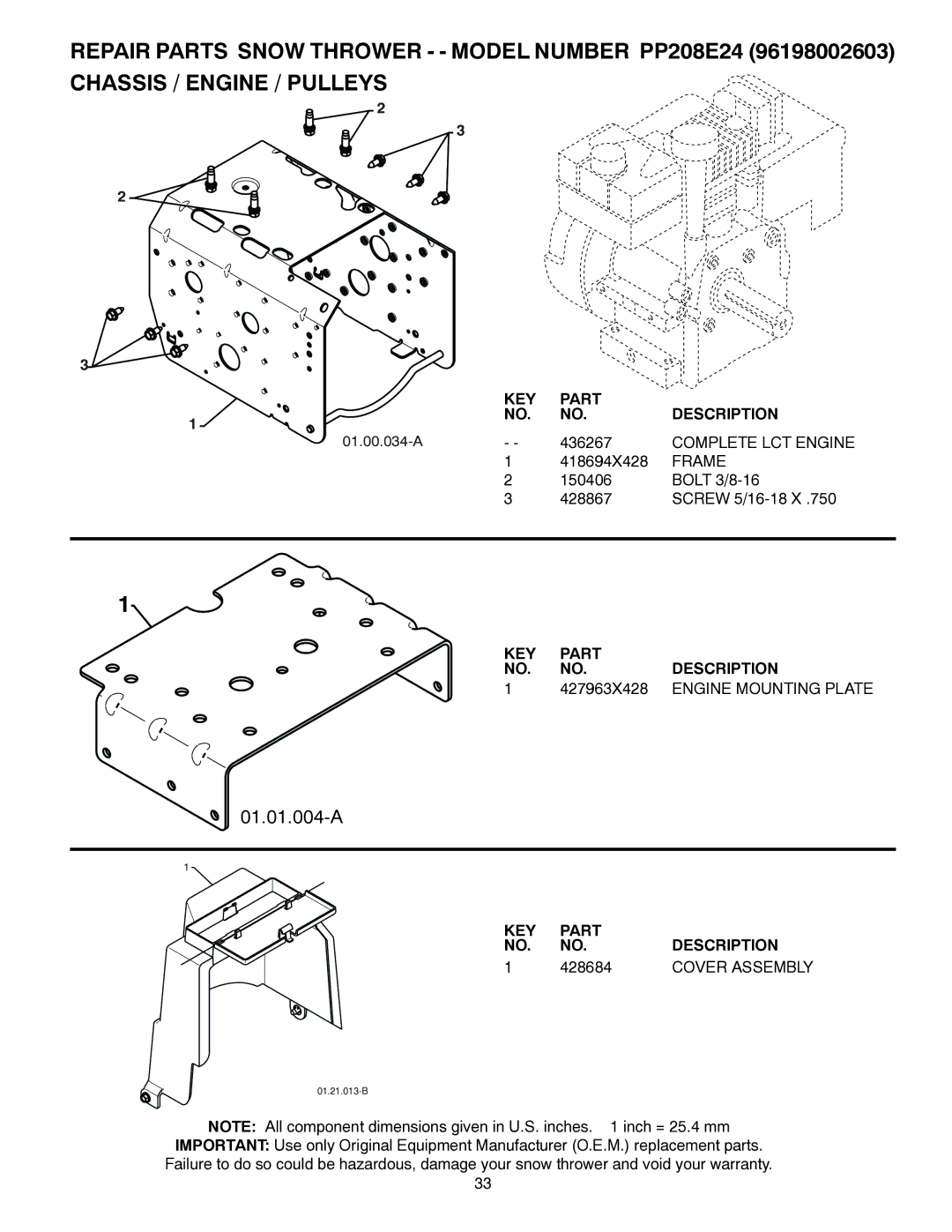 Poulan 96198002603, 435562 owner manual Complete LCT Engine, Frame, 427963X428, Engine Mounting Plate, 428684 