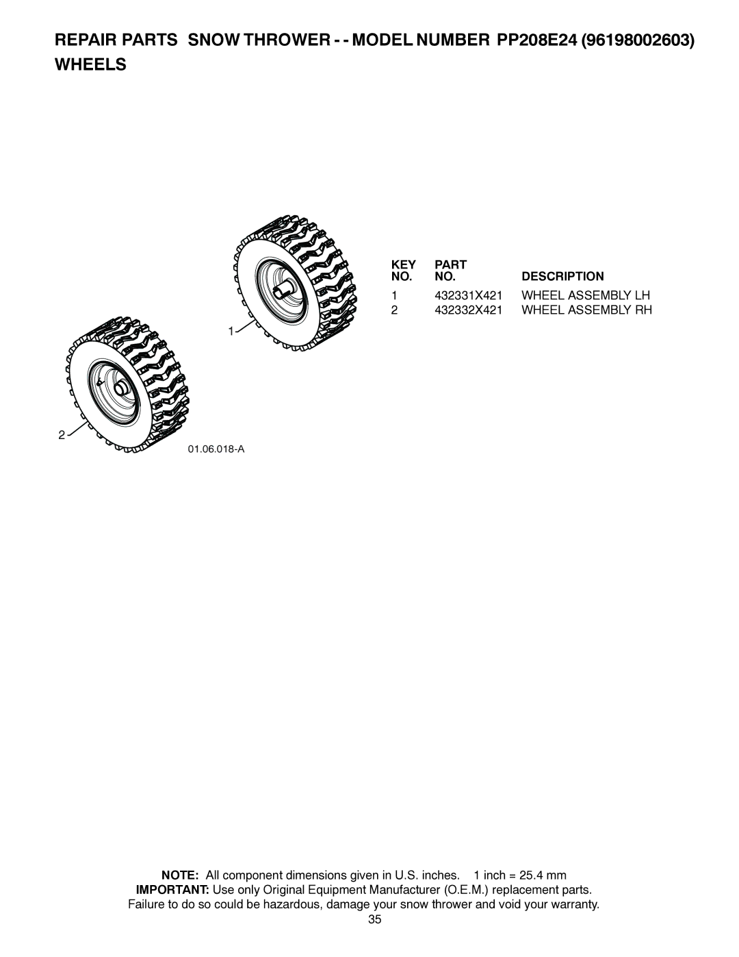 Poulan 96198002603, 435562 owner manual 432331X421, Wheel Assembly LH, 432332X421 