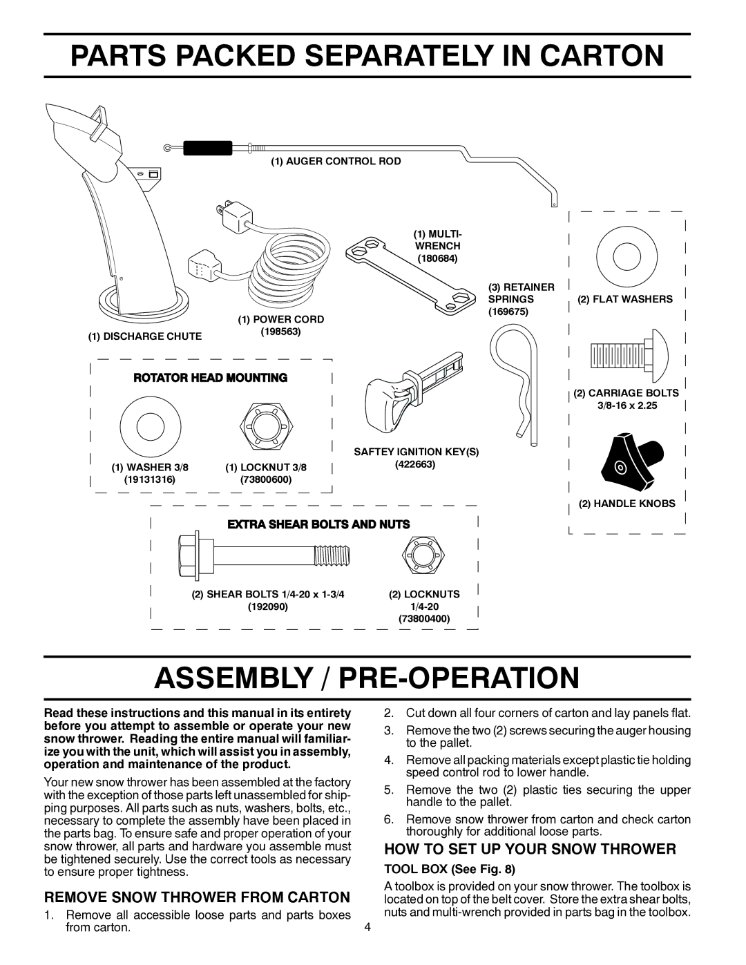 Poulan 435562, 96198002603 Parts Packed Separately in Carton, Assembly / PRE-OPERATION, Remove Snow Thrower from Carton 