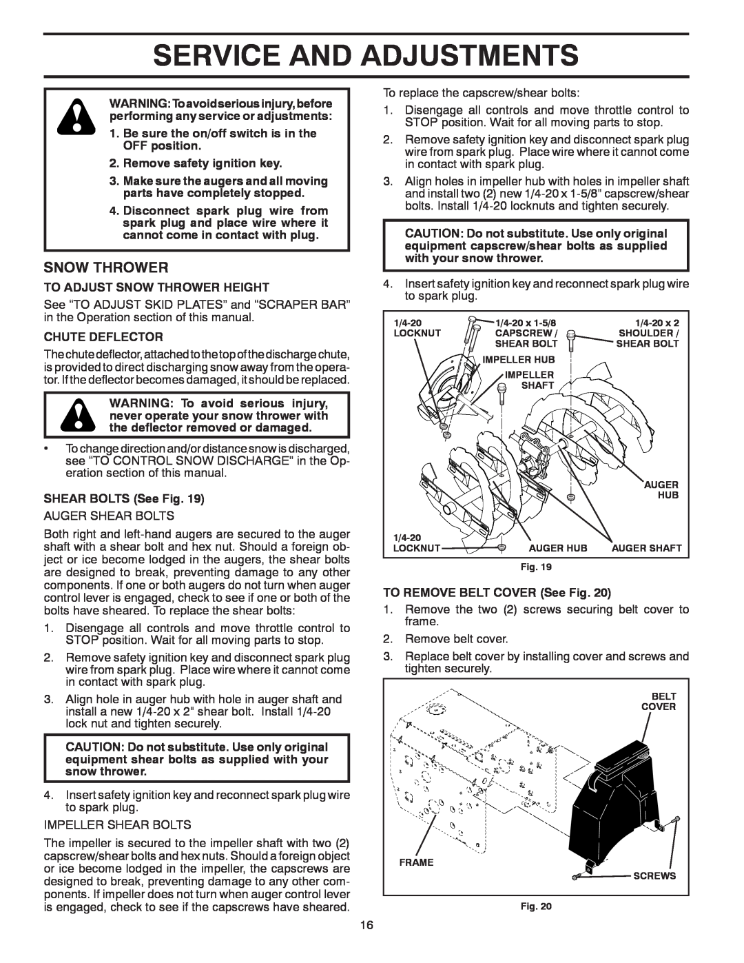 Poulan 96198003600, 435564, PP291E27 owner manual Service And Adjustments, Snow Thrower 