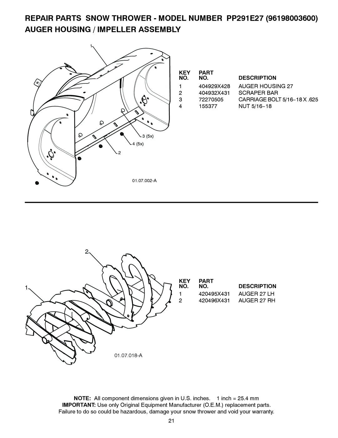 Poulan 435564, 96198003600, PP291E27 owner manual KEY Part Description, Auger Housing, Scraper BAR, Auger 27 LH, Auger 27 RH 