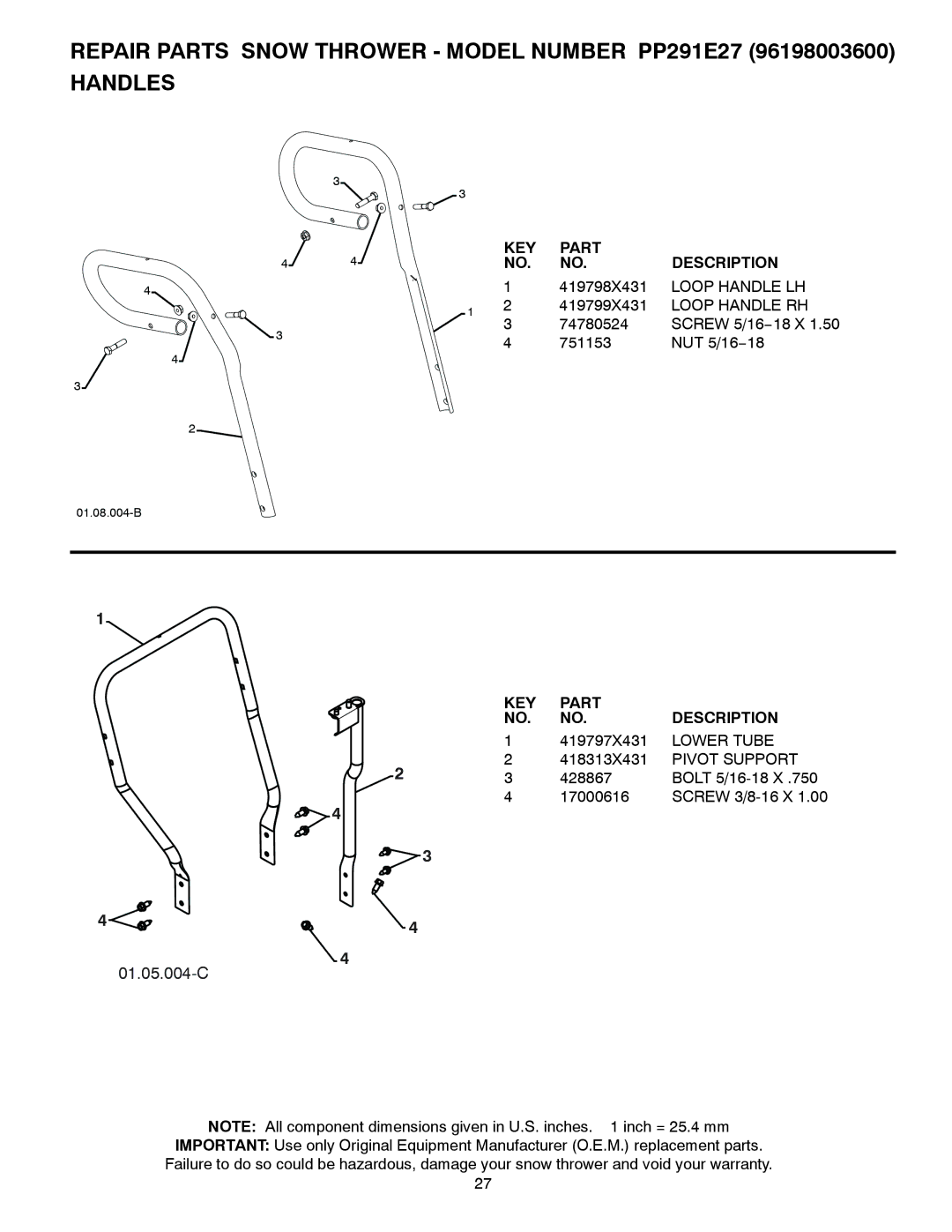 Poulan 435564, 96198003600, PP291E27 owner manual Loop Handle LH, Loop Handle RH, Lower Tube, Pivot Support 