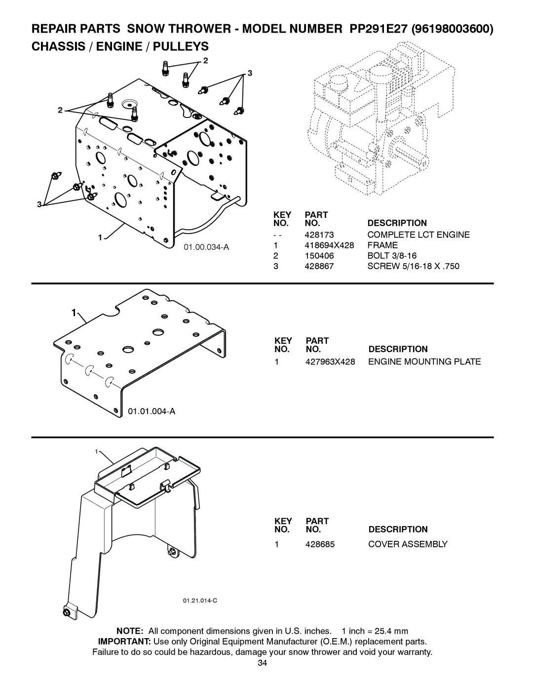 Poulan 96198003600, 435564, PP291E27 owner manual Complete LCT Engine, Frame, 427963X428, Engine Mounting Plate, 428685 