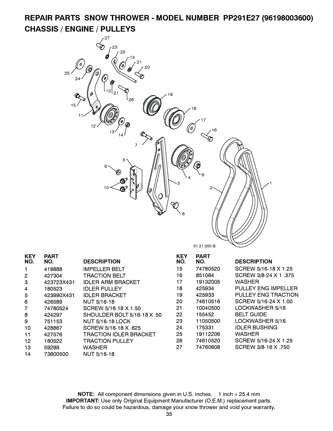 Poulan PP291E27, 435564 Impeller Belt, Traction Belt, Idler ARM Bracket, Idler Pulley, Idler Bracket, Belt Guide 