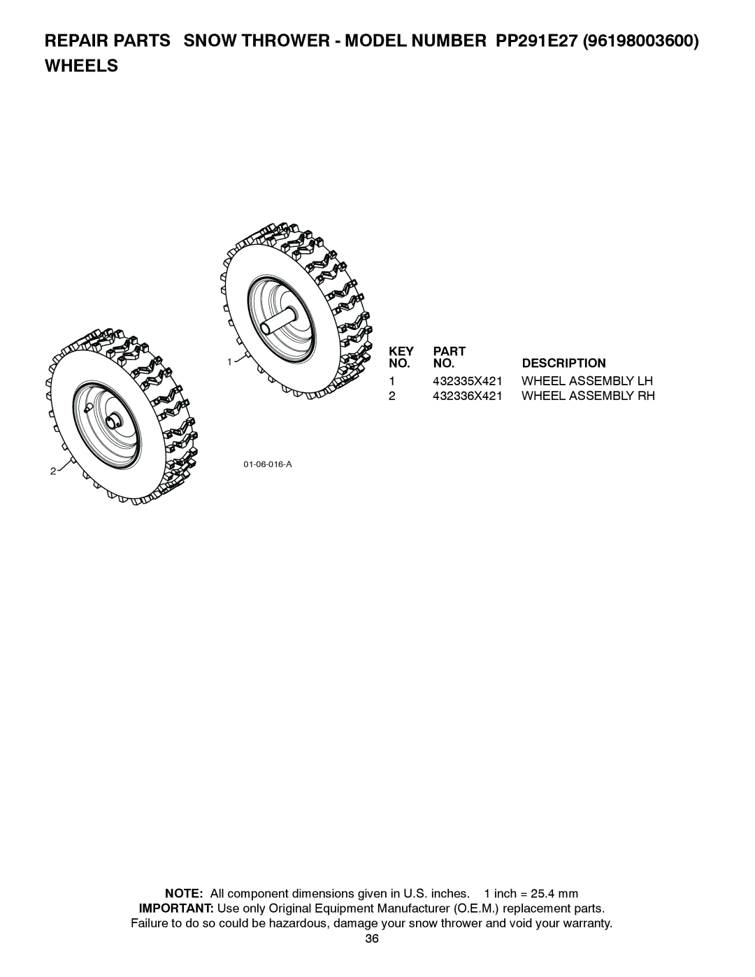 Poulan 435564, 96198003600, PP291E27 owner manual 432335X421, Wheel Assembly LH, 432336X421 