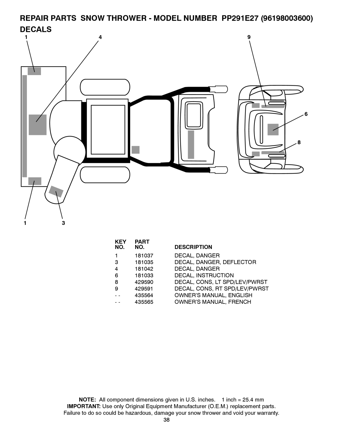 Poulan PP291E27, 435564, 96198003600 owner manual 181037, DECAL, Danger, DECAL, DANGER, Deflector, DECAL, Instruction 