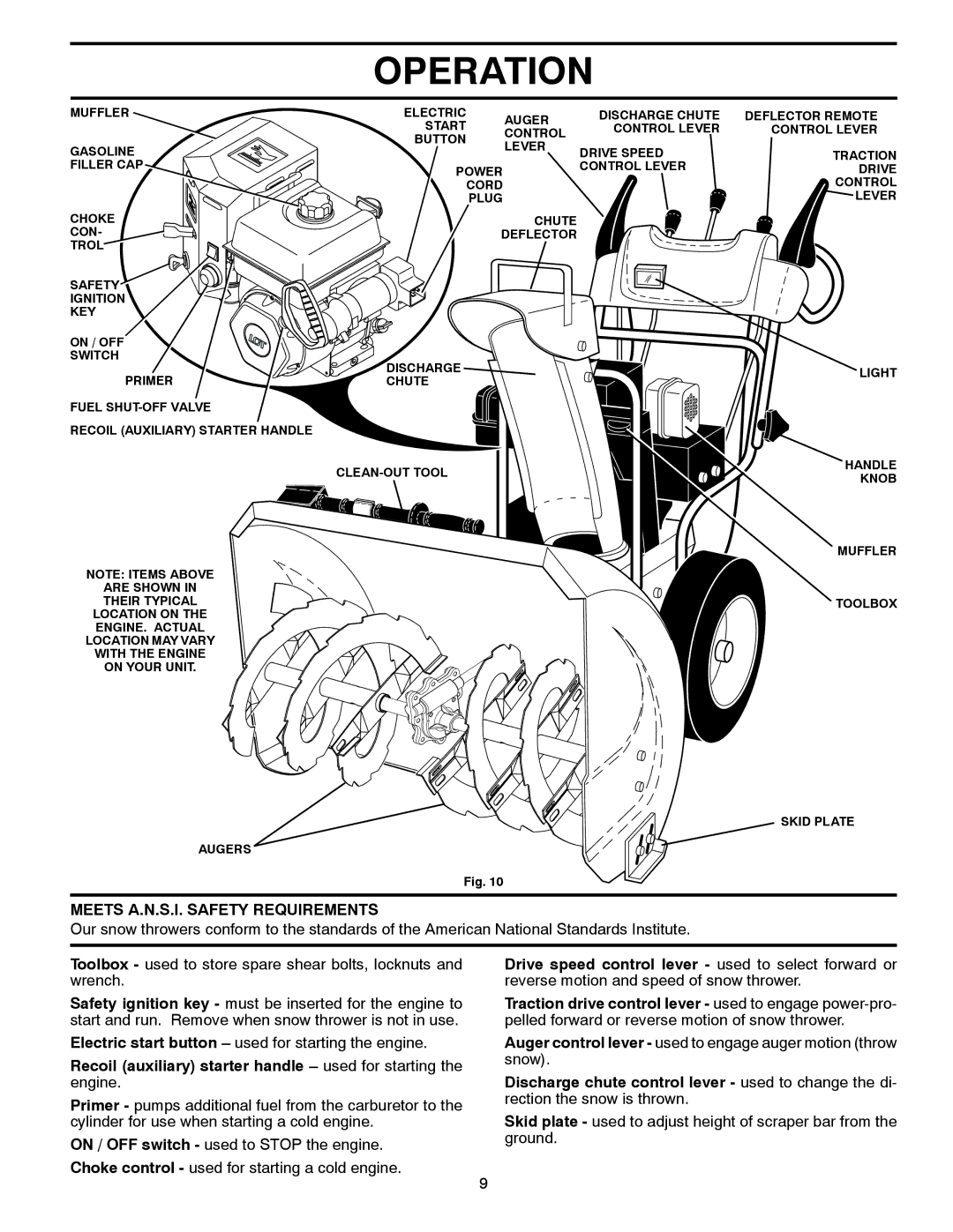 Poulan 435564, PP291E27 Meets A.N.S.I. Safety Requirements, Recoil auxiliary starter handle used for starting the engine 