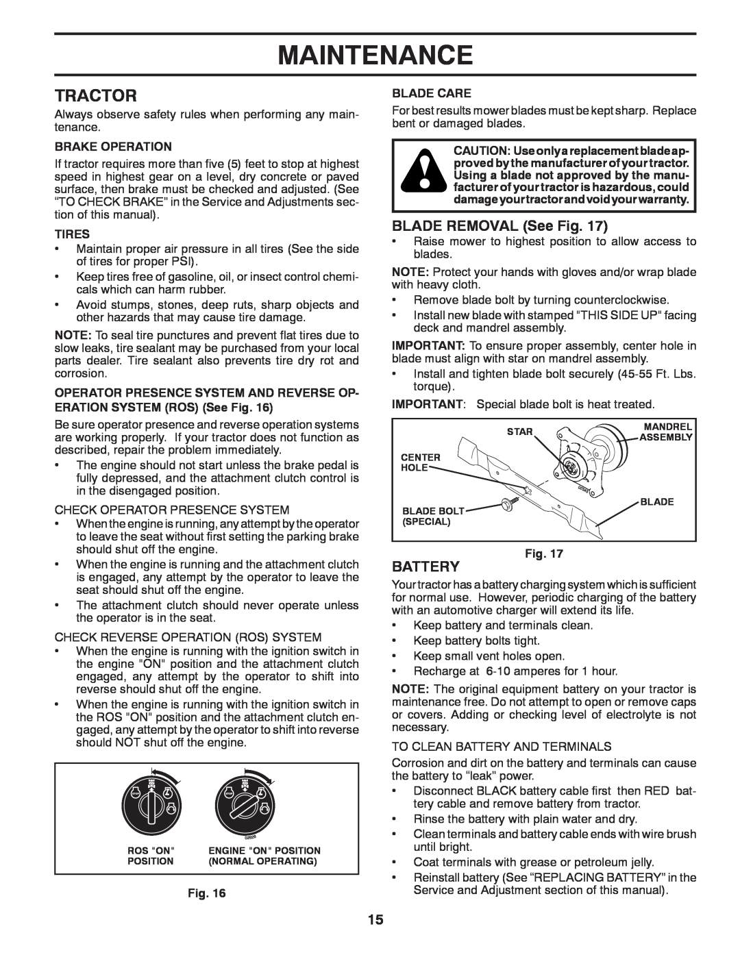 Poulan 96042007202, 435712 manual Tractor, Maintenance, BLADE REMOVAL See Fig, Battery 